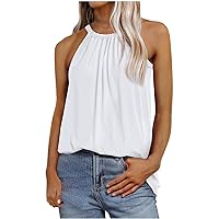 Drawstring Halter Tank Tops Women Casual Pleated Crewneck Lace-Up Back Camisole Summer Flowy Sleeveless Tunic Shirts