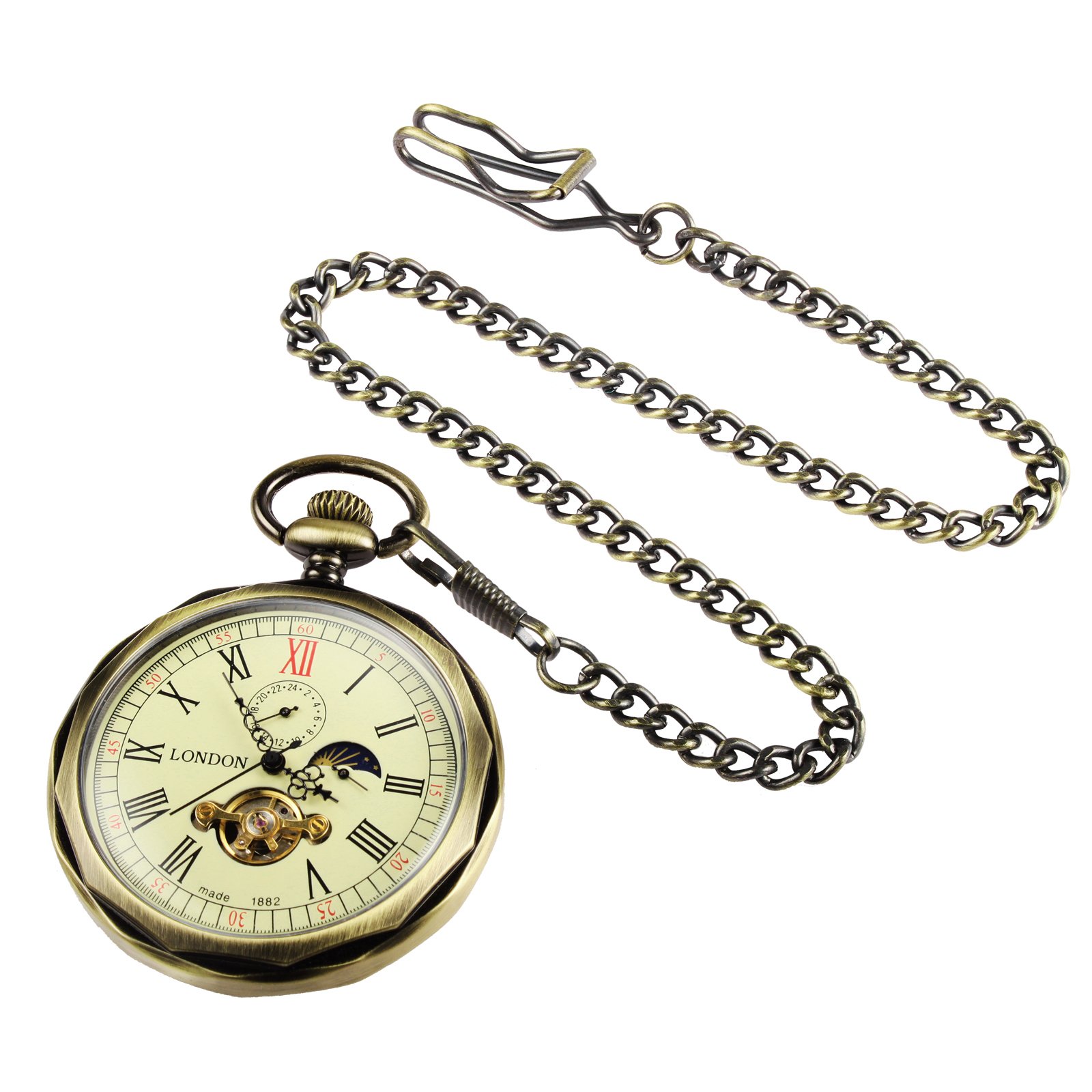 TREEWETO Mechanical Pocket Watches Roman Numerals Open Face with Chain Men 24-Hour Moon Sun + Box
