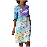 Floral Dress for Women Spring Dresses 2024 Trendy V Neck Midi Dress Short Sleeve Dress Summer Elegant Dresses