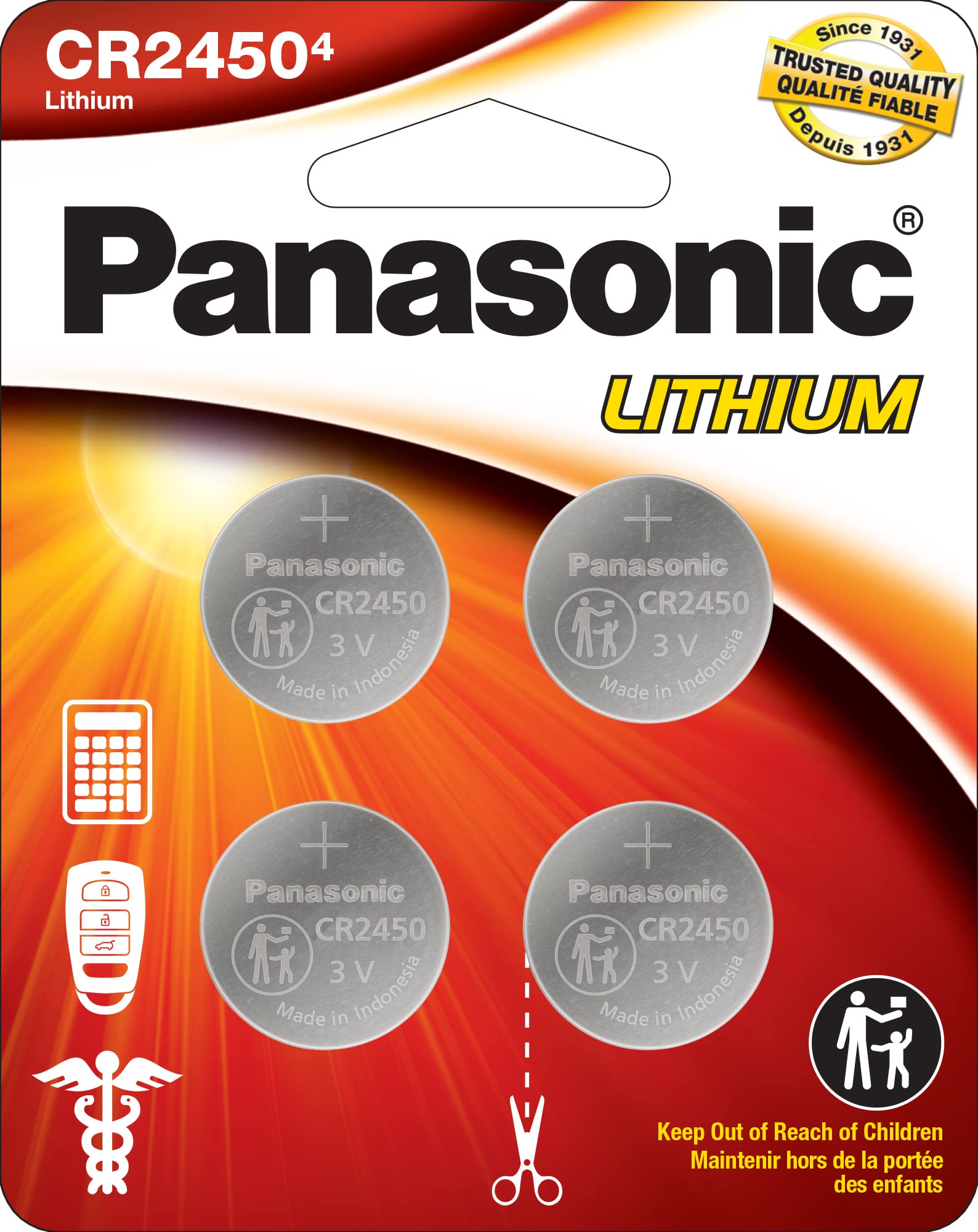 Panasonic CR2450 3.0 Volt Long Lasting Lithium Coin Cell Batteries in Child Resistant, Standards Based Packaging, 4-Battery Pack