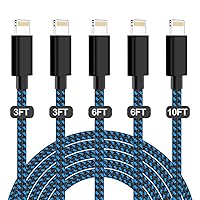 PLmuzsz MFi Certified iPhone Charger 5 Pack(3+3+6+6+10ft) High Speed Nylon Braided USB Fast Charging&Data Syncs Cord Compatible iPhone Xs/Max/XR/X/8/8Plus/7/7Plus/6S/6S Plus/SE/iPad/Nan Black&Blue