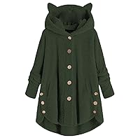 Andongnywell Fashion Women Button Coat Fluffy Tail Tops Hooded Pullover Loose Sweater Overcoats Outwear Jacket (Army Green,Large)