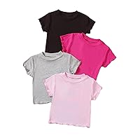 MakeMeChic Girl's 4pack Ribbed Short Sleeve T Shirts Casual Solid Summer Tees