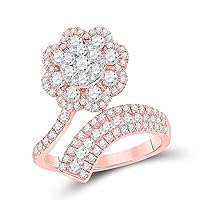 The Diamond Deal 14kt Rose Gold Womens Round Diamond Bypass Flower Cluster Ring 1-1/2 Cttw