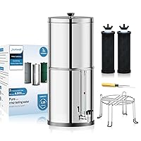 Purewell 3-Stage 0.01μm Ultra-Filtration Gravity Water Filter System, 304 Stainless Steel Countertop System with 2 Filters, Metal Water Level Spigot and Stand, Reduce 99% Chlorine, 2.25G, PW-OB-K