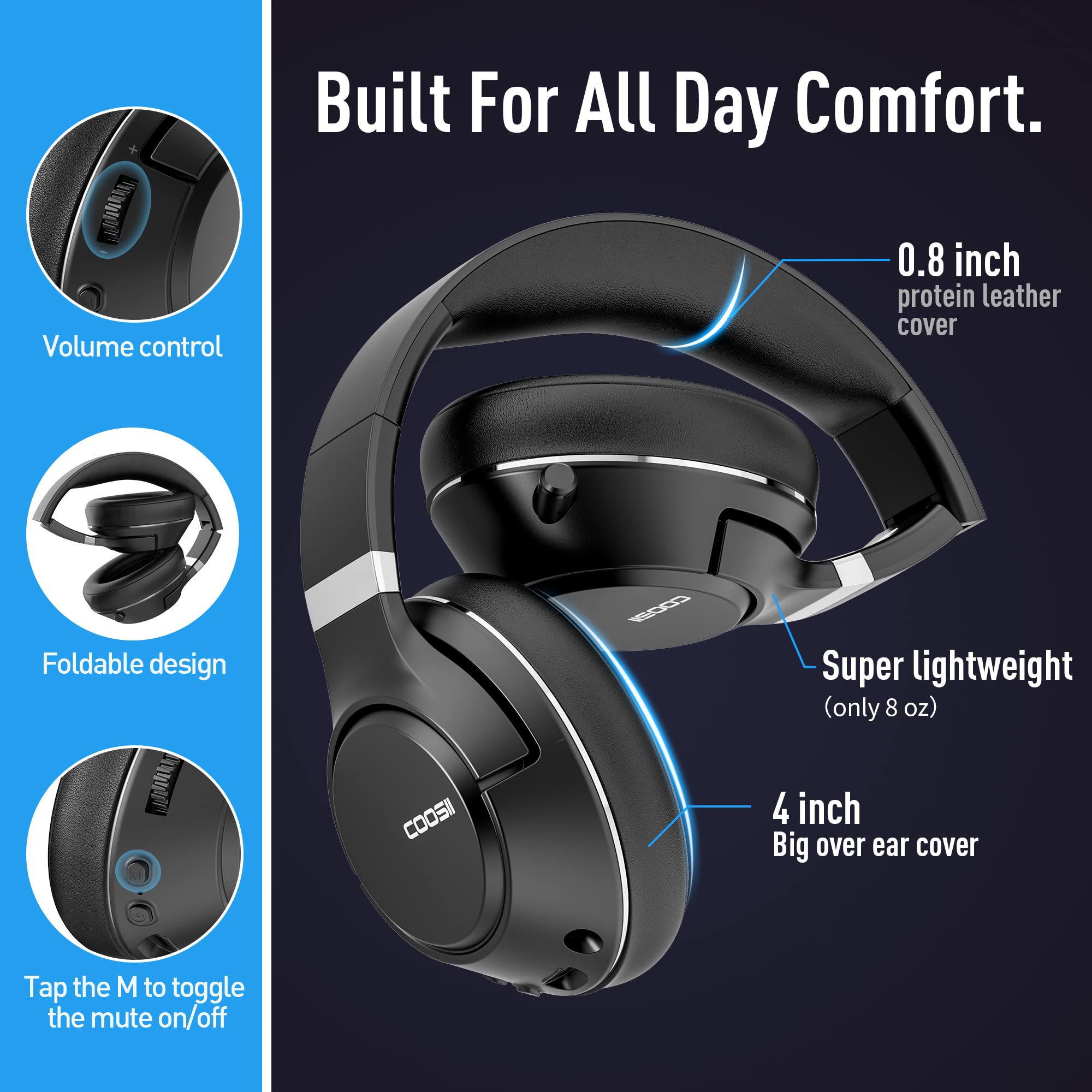 COOSII Wireless Headsets with Microphone for Gaming Study Meetings Conference, Bluetooth Headphone Foldable Over Ear Soft 40H with Retractable Mic, USB Dongle for PS5 PS4 PC Computer Cellphone Laptop