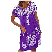 Summer Dresses 2023 Plus Size Women Crewneck Short Sleeve Boho Floral Dresses Casual Loose Fit Beach Sundress