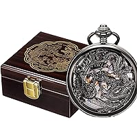 SIBOSUN Mechanical Pocket Watches Mens, Lucky Phoenix and Dragon, Skeleton Pocket Watch, Antique Roman Numerals Box Black Gold + Box Wodden