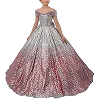 VeraQueen Girl's High Custom Off Shoulder Sequins Princess Dress A Line Cap Sleeves Birthday Ball Gown with Bow