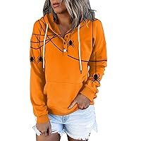 Women's 2023 Fall Button Collar Drawstring Hoodies Cute Halloween Graphic Pullover Pocket Sweatshirts Tops Shirts
