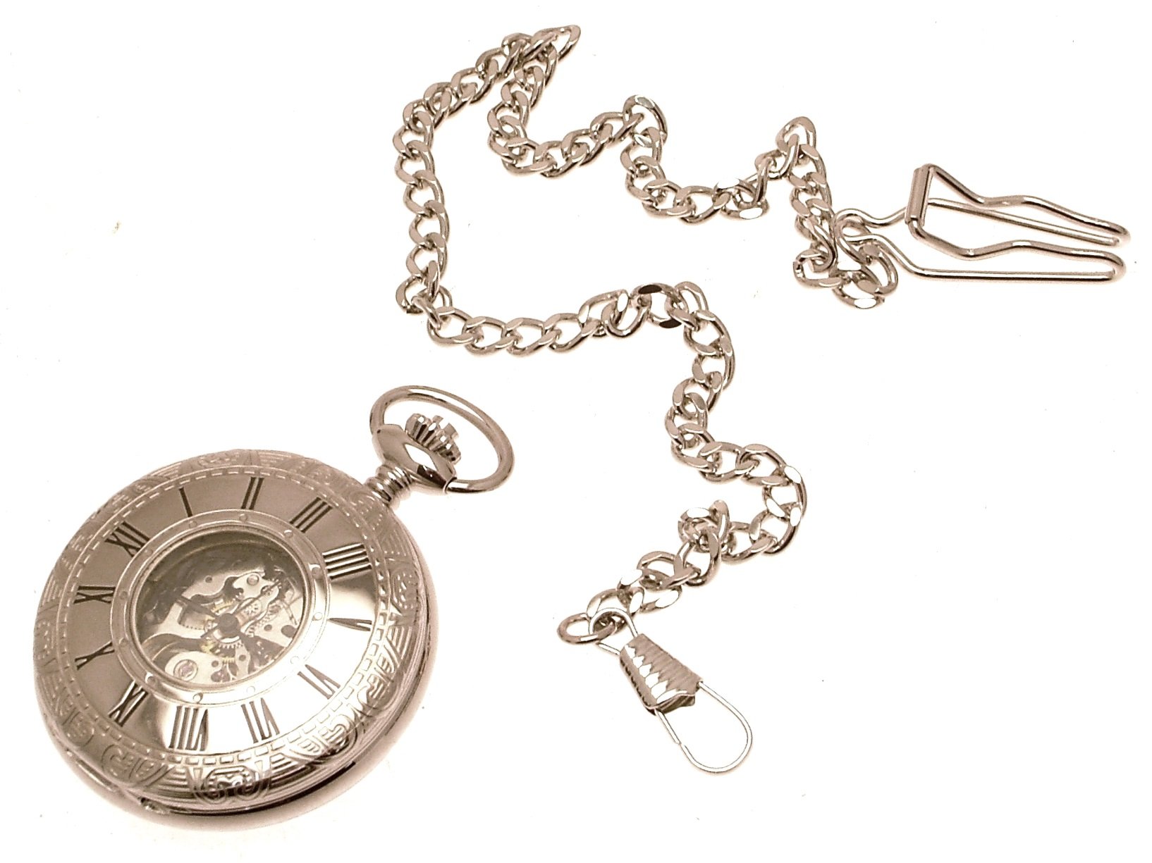 Silver Colour Metal cased Half Hunter Pocket Watch with Window, Chain and fob