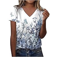 Womens T Shirts V-Neck Fashion Printed Blouses Tops Casual Loose Blouses Tops Plus Size Tshirts Summer Pullover Top