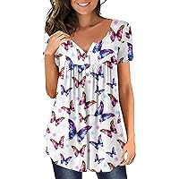 Women's Spring Tops 2024 Fashion Short Sleeve Buttons Shirts Butterfly Print Casual Loose Fit Blouse