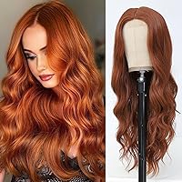 Long Wavy Auburn Wig for Women 24 Inch Middle Part Curly Glueless Wigs Heat Resistant Synthetic Fiber Elastic Band Cap Wig for Daily Party Use(Auburn)
