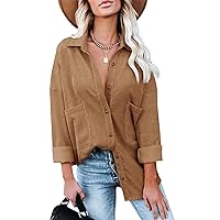 Flygo Women's Corduroy Shirts Shacket Casual Oversized Button Down Long Sleeve Blouses Top