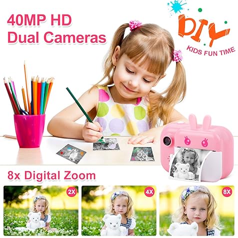 Instant Camera for Kids Digital Camera for Girls Toddler Camera with Print Paper, 40MP Kids Video Camera Child Selfie Camera Toy Camera Kids Camcorder 2.4 Inch Screen and 32GB TF Card