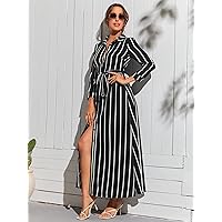 Fall Dresses for Women 2023 Striped Print Belted Shirt Dress Dresses for Women (Color : Black, Size : Large)