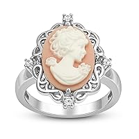 Jewelili Pink Cameo Ring in Sterling Silver with Round Created White Sapphire