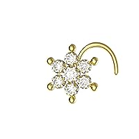 22K Gold Plated Crystal Stone Flower Cultser Nose Stud Sterling Silver 20g Indian Nose Ring