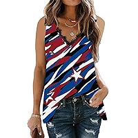 4th of July Shirts for Women Summer Lace Trim V Neck American Flag Tank Tops Sleeveless Stars Striped Patriotic Tees