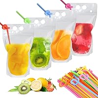 100PCS Drink Pouches with 100 Drink Straws, Reusable Smoothie Bags Juice Pouches, Heavy Duty Hand-Held Translucent Reclosable Zipper Plastic Ice Drink Pouches for Adults and Kids