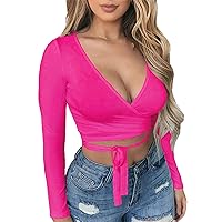 Artfish Women Sexy Deep V Neck Crop Top Bandage Wrap Tie Tight Cropped Fitted Cleavage Shirts