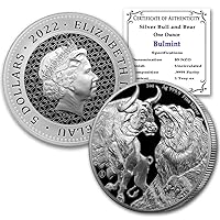 2022 TK 1 oz Tokelauan Silver Bull & Bear Coin Brilliant Uncirculated (BU) with Certificate of Authenticity $5 Mint State