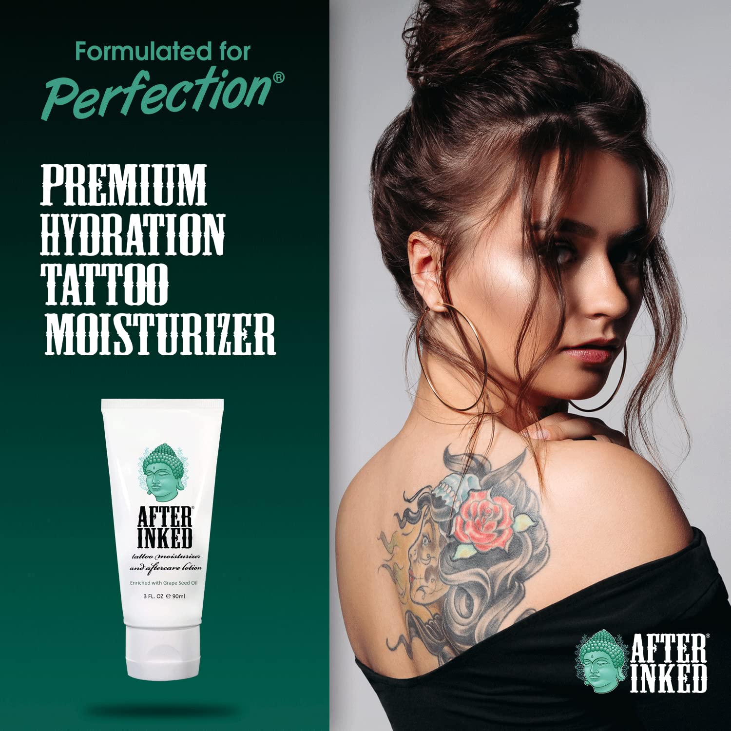 After Inked Tattoo Moisturizer & Aftercare Lotion - MADE IN USA - Vegan Tattoo Aftercare Cream Enriched with Grape Seed Oil, Tattoo Balm, Tattoo Kit Essentials - 3 Fluid Ounce Tube (1-Pack)