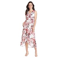 London Times Women's Sleeveless Ruffle Detail Faux Wrap Tie Midi Dress, Ivory/Red