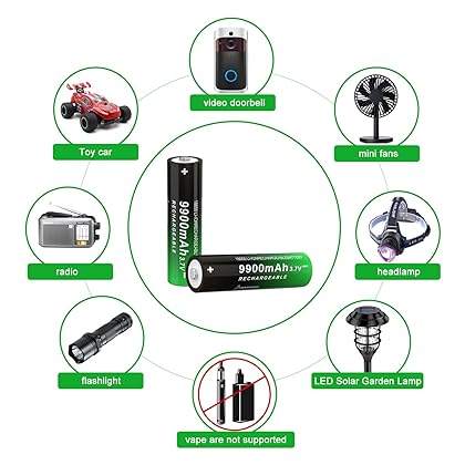CBJJ 3.7V 1￵8￵6￵5￵0 Rechargeable Batteries of 9￵9￵00m￵A￵h for Flashlight Lamp Doorbell (2 Pack Bu￵tt￵on Top)