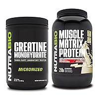 NutraBio Creatine Monohydrate, Unflavored, (500 g) and Muscle Matrix Protein Powder, (Vanilla) Supplement Bundle – Muscle Energy, Maximum Growth, Recovery, and Strength