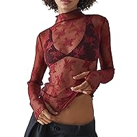 Women's Casual Solid High Neck Tops Lace Floral Long Sleeve Tee Shirt Blouse with Thumb Hole Layering See Through Tops