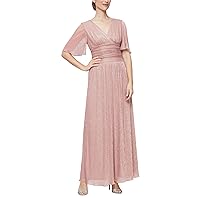 S.L. Fashions Women's Long A-line Dress with Flutter Sleeves and Ruched Waist (Petite and Regular Size)