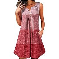 Prime of Day Deals Today 2024 Trendy Color Block Sundress for Women Casual Button Henley Mini Tank Dress Flowy Pleated Hide Belly Swing Tunic Dress Robe Femme ETE Red