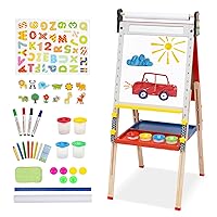 Kids Art Easel, Foldable Wooden Easel for Kids 3 in 1 Kids Easel with Paper Roll, Adjustable Height Chalkboard & Whiteboard for Kids Toddlers Birthday Holiday Gifts.