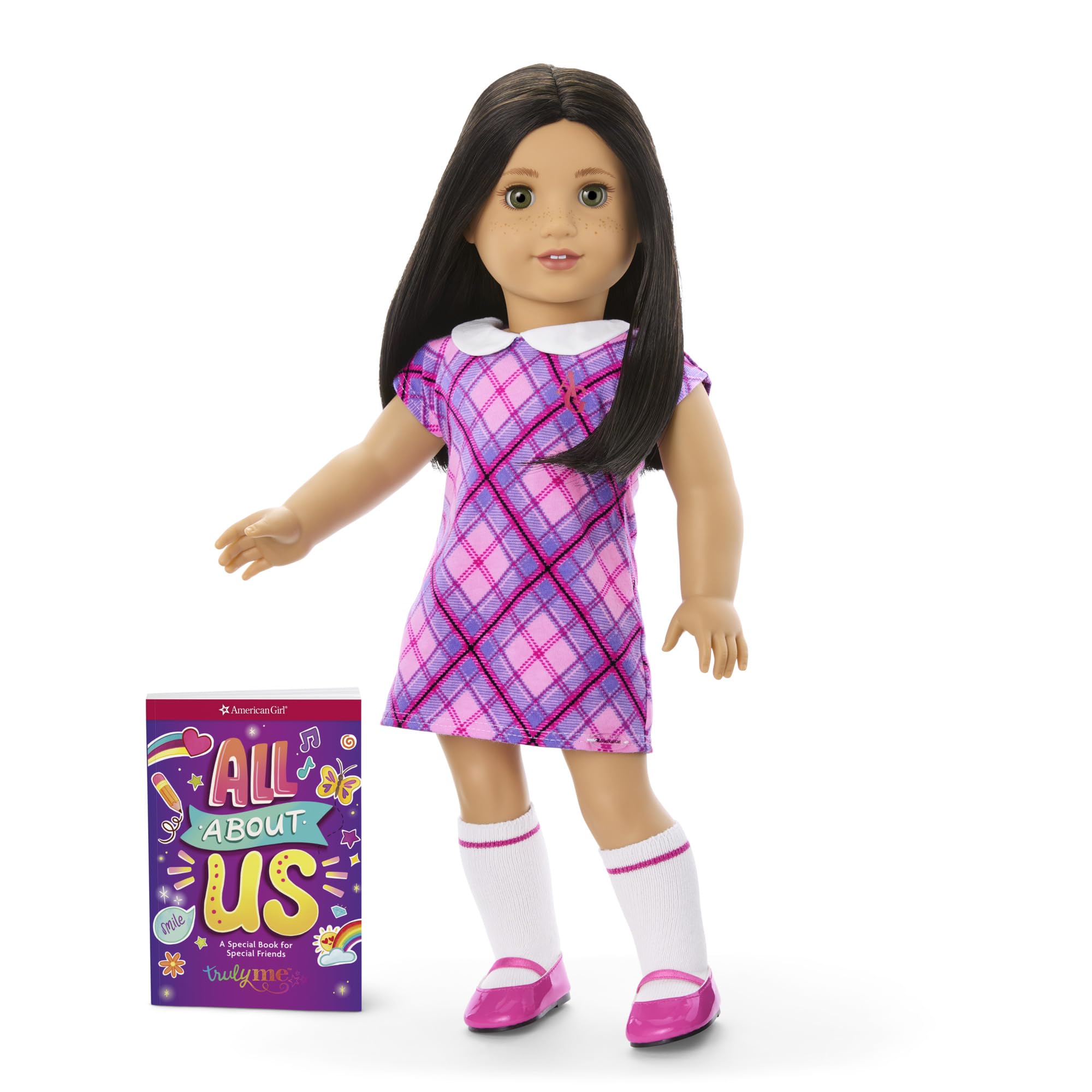 American Girl Truly Me 18-inch Doll #128 w/Green Eyes, Blk-Br Hair, Lt-to-Med Skin & Warm Undertones + Freckles, for Ages 6+