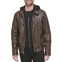 Men's Faux Lamb Leather Moto Jacket with Removable Hood and Bib