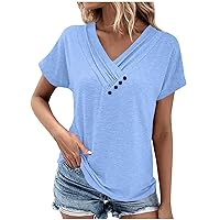 Ladies Tops and Blouses Short Sleeve Loose Fit T Shirts Solid Color Pleated Vneck Grandma Shirts Tunic Blouses