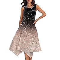 Casual Dresses for Women,Women's Summer Fashion Round Neck Sleeveless Sequins Printed Irregular Hem Midi Dresses