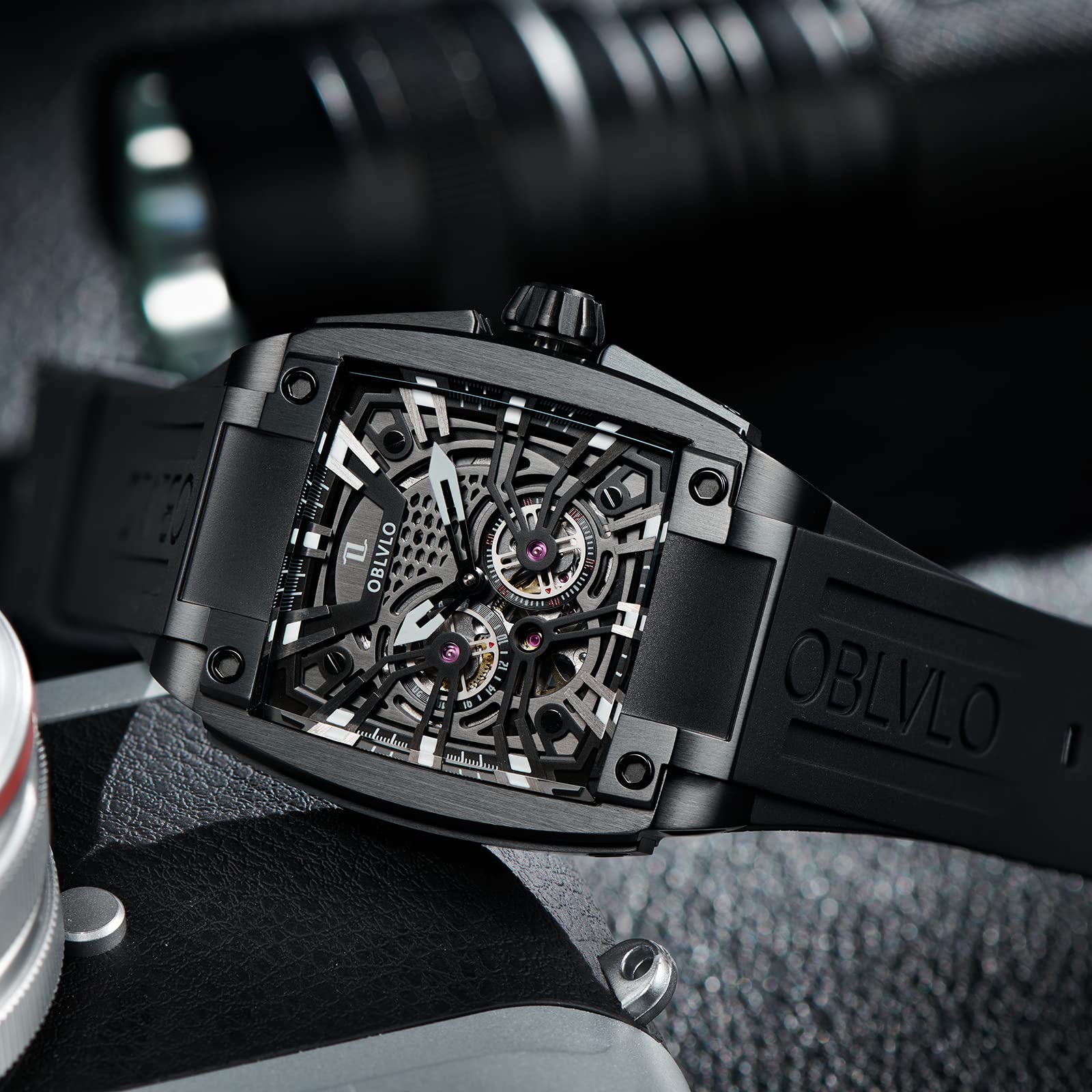 OBLVLO Herren Super Luminous Automatik Uhren Sport Luxus Uhr Quadratische Skelett Mechanische Gummi Armband Uhren GM