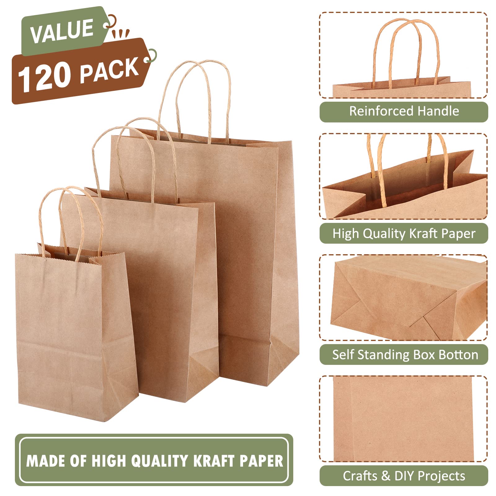 TOMNK 120pcs Brown Paper Bags with Handles Mixed Size Bulk Kraft Paper Gift Bags for Business, Shopping, Retail, Merchandise Bags