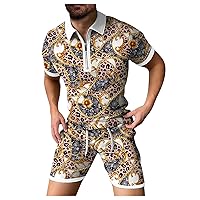 Track Suits for Men Set Men's 2 Piece Outfit Casual Polo Shirt and Shorts Sets Summer Printed Tracksuits for Men