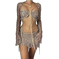 Womens 3 Piece Crochet Skirt Sets Strappy Long Sleeve Cover Up Sequins Crop Top with Mini Skirt Y2K Party Club Outfits