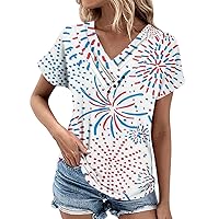 4Th of July Outfits for Women,Summer Tops for Women Independence Day Print V-Neck Short Sleeve Comfy Button Tops