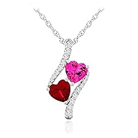 .925 Sterling Silver, Heart Cut Lab-Grown Ruby and Lab-Grown Pink Sapphire & Lab-Grown White Sapphire Bypass Style Hearts Pendant Necklace - 18”