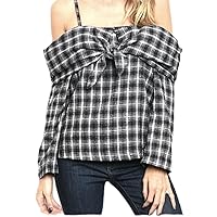 Long Sleeve Off Shoulder Bow Fold Over Plaid Check Top Blouse