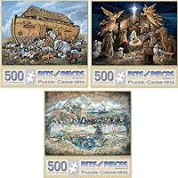 Bits and Pieces - Set of Three (3) 500 Piece Jigsaw Puzzles for Adults - Noah's Ark, Last Supper, in The Manger - 500 pc Religious Scenes Jigsaws by Artist Ruane Manning