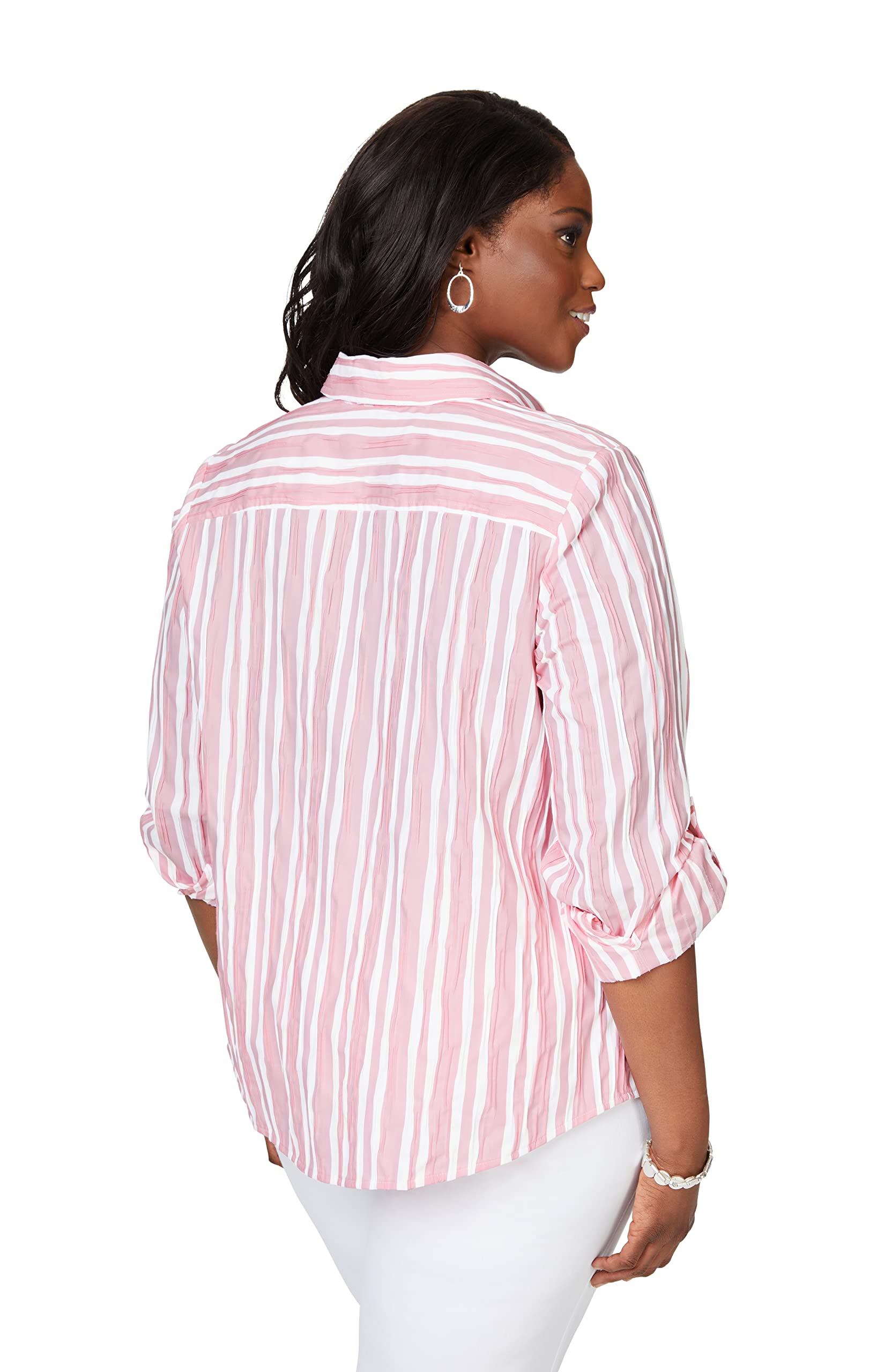 Foxcroft Women's Hampton Long Sleeve with Roll Tab Beach Stripe Blouse