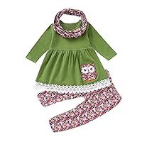 Children's Baby Girls Clothes Set Cartoon Embroidery Animal Dress Tops Long Sleeve Floral Pants Scarf Outfits 3pcs