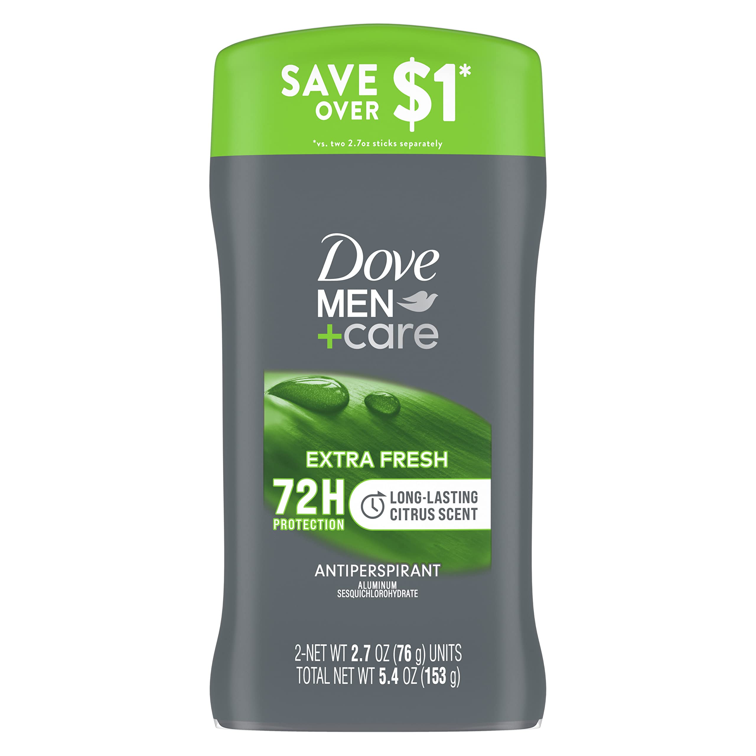 Dove Men+Care Extra Fresh Men's Antiperspirant Deodorant Stick Extra Fresh Twin pack With 72-hour sweat & odor protection with 1/4 Moisturizing Cream & Long-lasting Citrus Scent 2.7 Ounce (Pack of 2)